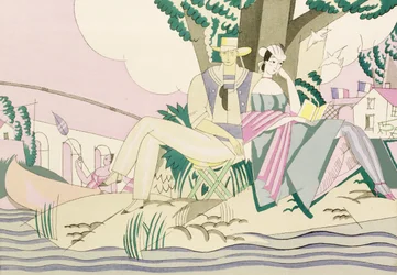 ピクニックと釣りのシーン、1920年頃（紙にステンシル）